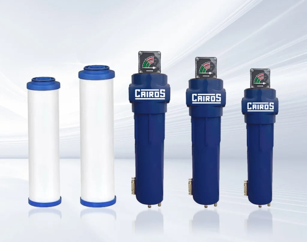 Industrial air/fluid filters banner image, showing various sizes of filter cartridges and blue filter housings.