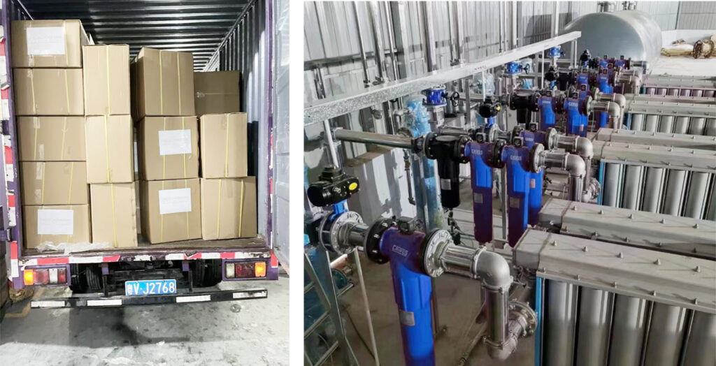 Industrial filtration system installation with multiple blue filter housings connected by stainless steel piping and valves.