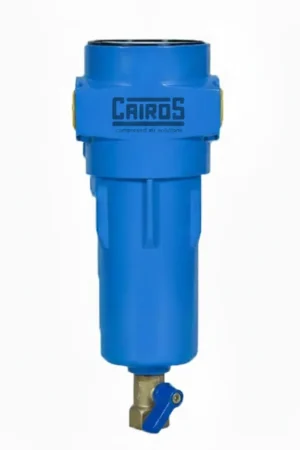 Cairos YD-B series compressed air filter for industrial use, blue housing, and brass drain valve.