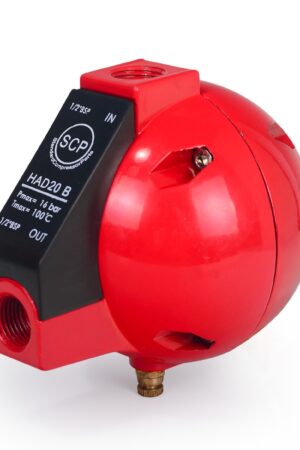 Red HAD20B automatic drain valve with 1/2 inch BSP threaded inlet and outlet for air compressor condensate removal.